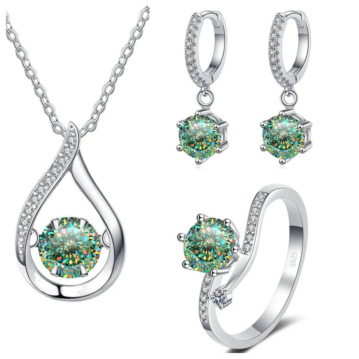 925 Silver Moissanite Jewelry Set Necklace Ring Stud Earrings Solitaire blue green lovecut