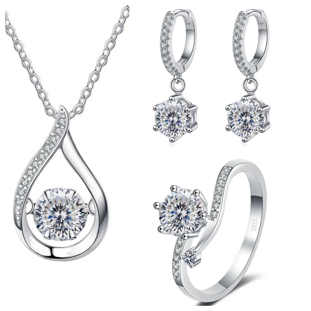925 Silver Moissanite Jewelry Set Necklace Ring Stud Earrings Solitaire white lovecut