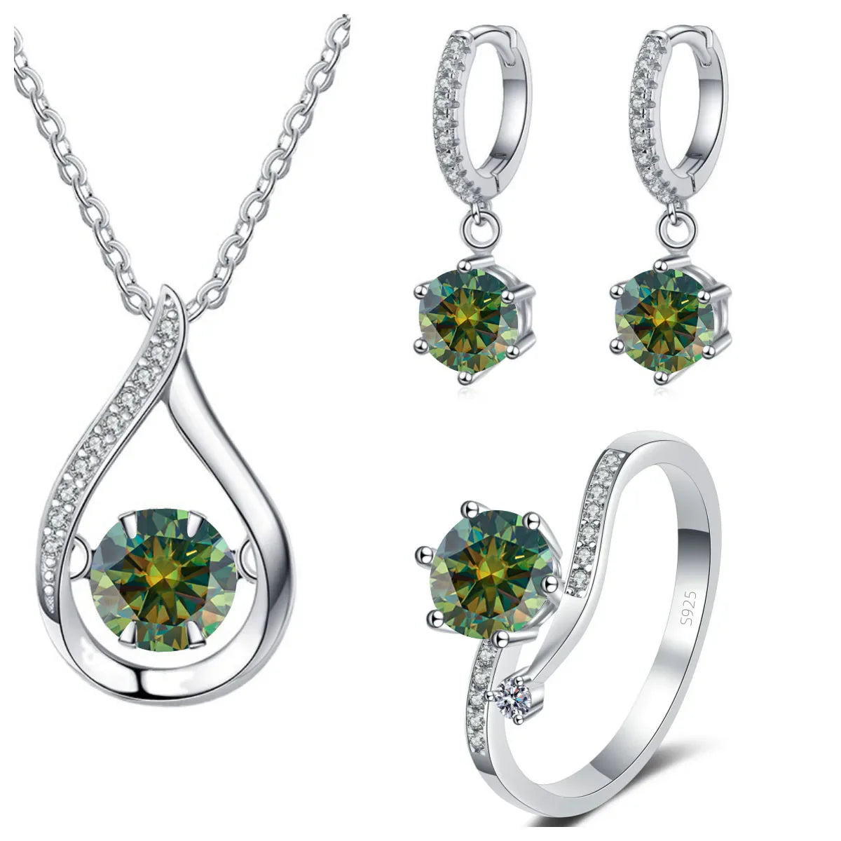 925 Silver Moissanite Jewelry Set Necklace Ring Stud Earrings Solitaire dark green
