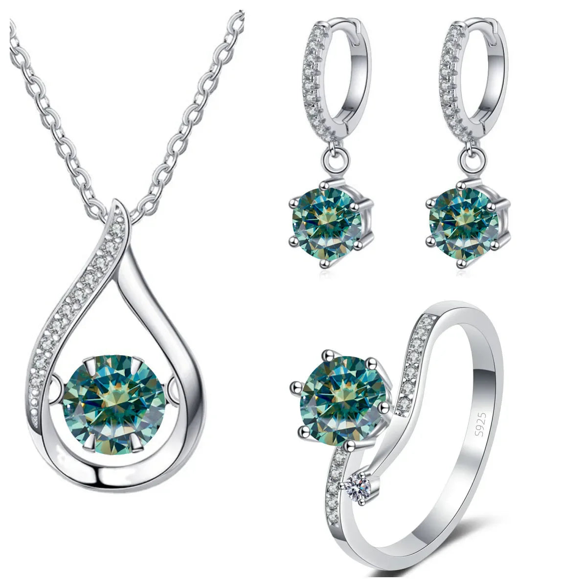 925 Silver Moissanite Jewelry Set Necklace Ring Stud Earrings Solitaire bluegreen