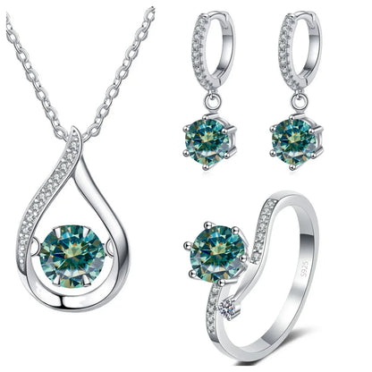 925 Silver Moissanite Jewelry Set Necklace Ring Stud Earrings Solitaire bluegreen