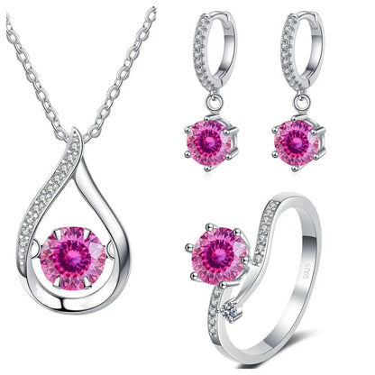 925 Silver Moissanite Jewelry Set Necklace Ring Stud Earrings Solitaire pinkl ovecut