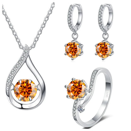 925 Silver Moissanite Jewelry Set Necklace Ring Stud Earrings Solitaire orange