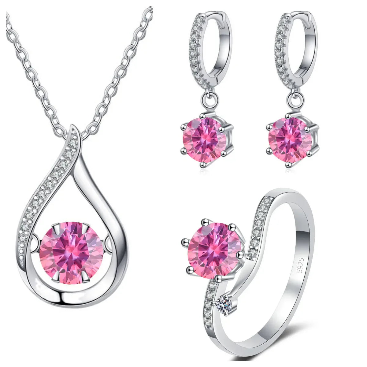 925 Silver Moissanite Jewelry Set Necklace Ring Stud Earrings Solitaire pink