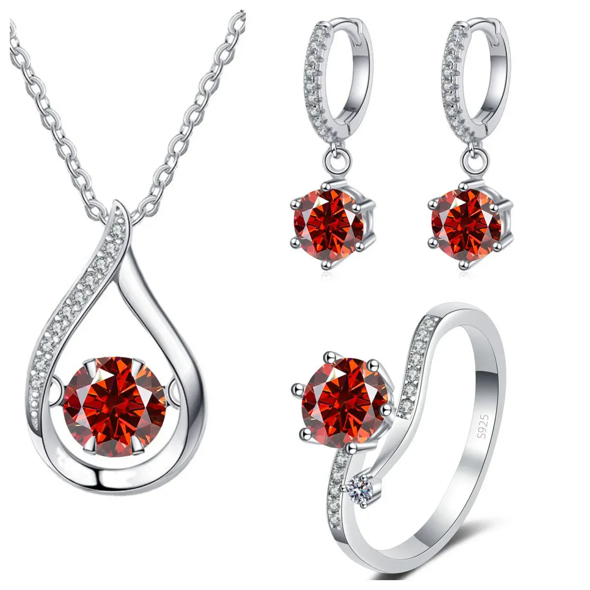 925 Silver Moissanite Jewelry Set Necklace Ring Stud Earrings Solitaire red