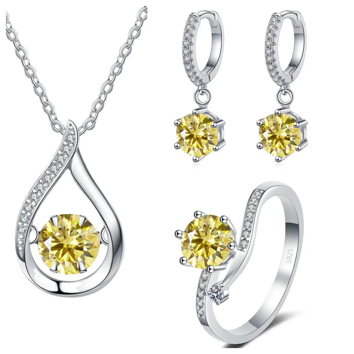 925 Silver Moissanite Jewelry Set Necklace Ring Stud Earrings Solitaire lemon