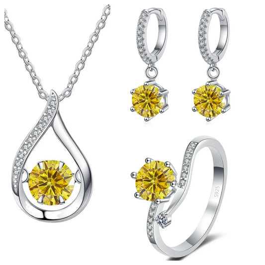 925 Silver Moissanite Jewelry Set Necklace Ring Stud Earrings Solitaire gold yellow