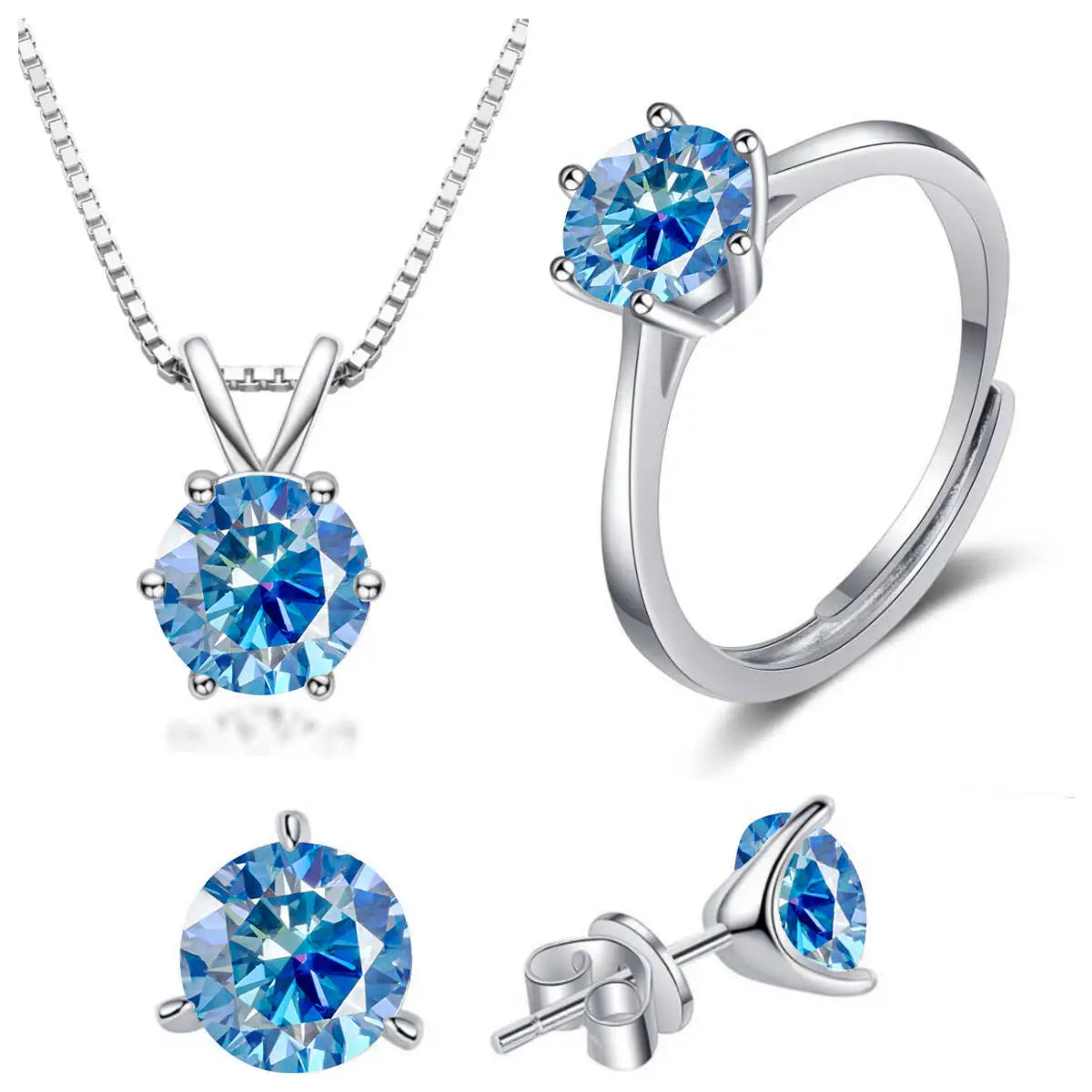 925 Sterling Silver 1ctx4 D Moissanite Necklace Earrings Set Bridal Jewelry royal blue resizable