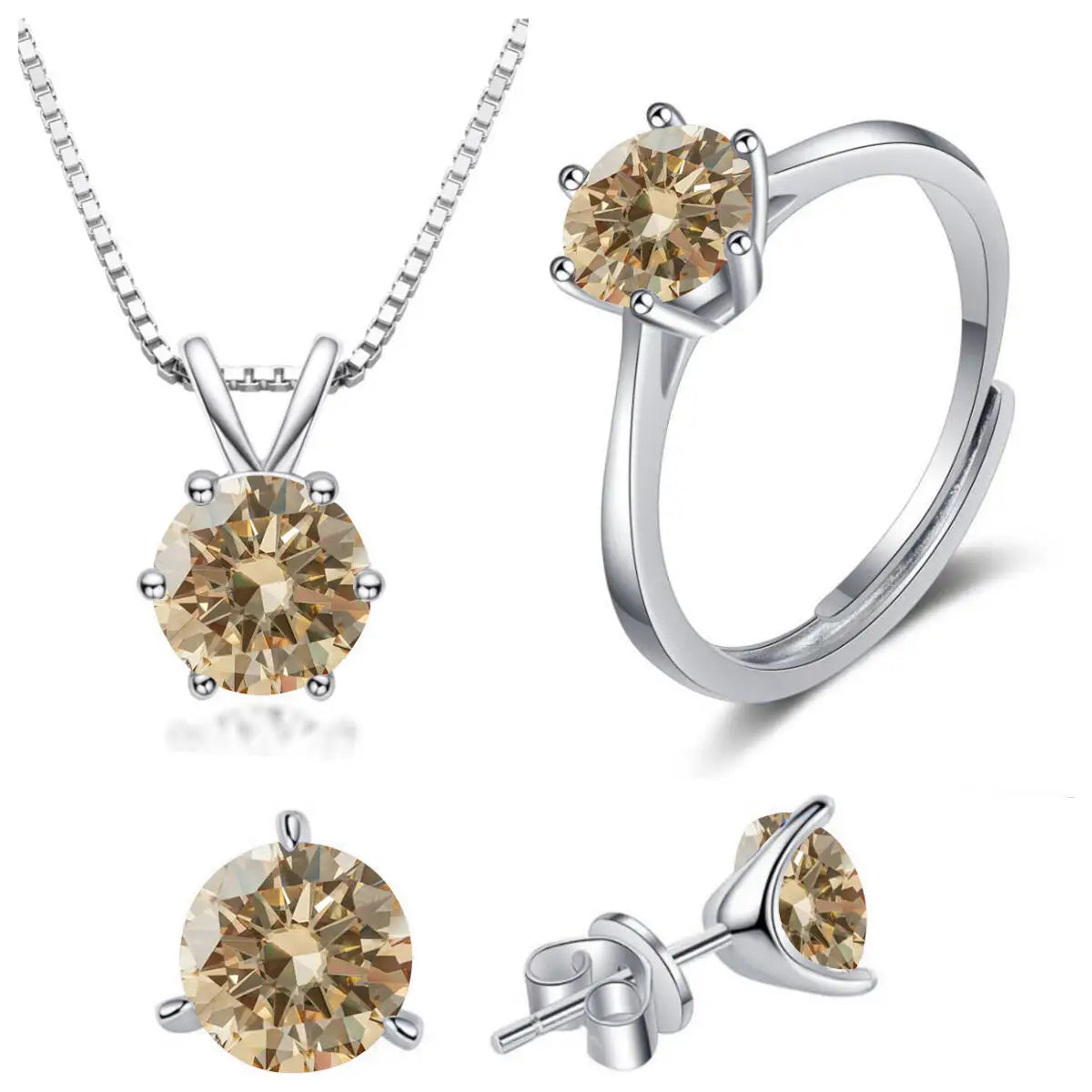 925 Sterling Silver 1ctx4 D Moissanite Necklace Earrings Set Bridal Jewelry champagne resizable