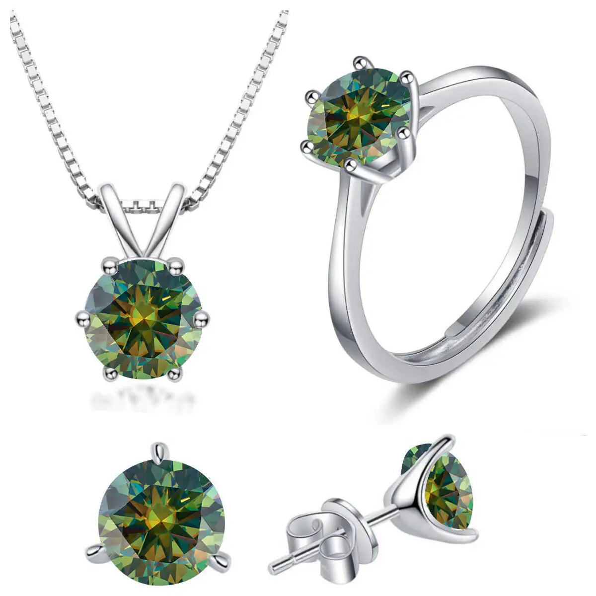 925 Sterling Silver 1ctx4 D Moissanite Necklace Earrings Set Bridal Jewelry dark green resizable