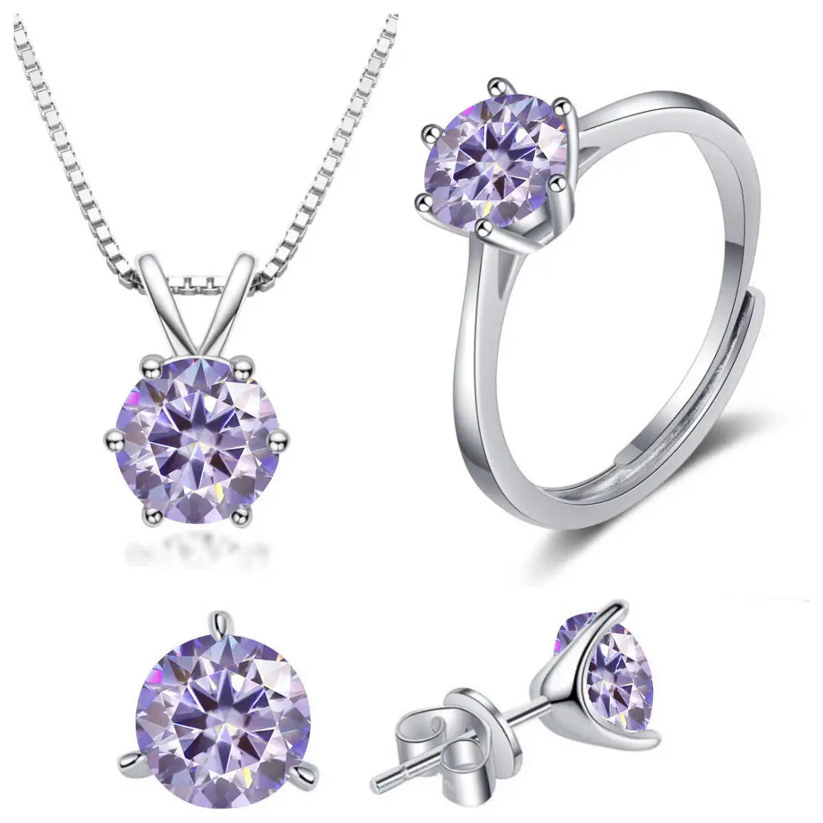 925 Sterling Silver 1ctx4 D Moissanite Necklace Earrings Set Bridal Jewelry purple resizable