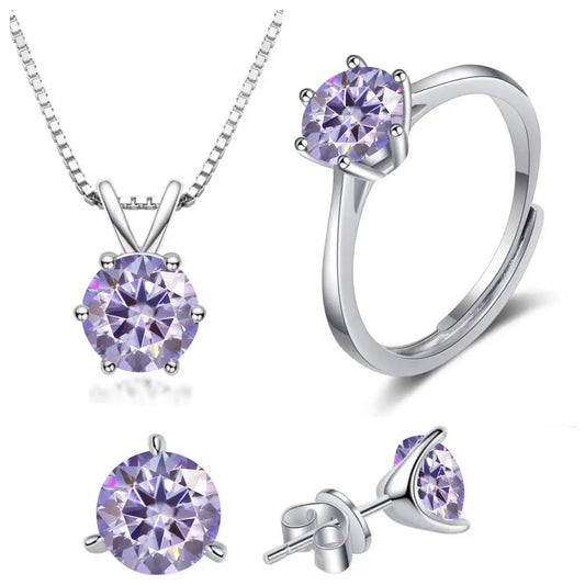925 Sterling Silver 1ctx4 D Moissanite Necklace Earrings Set Bridal Jewelry purple resizable