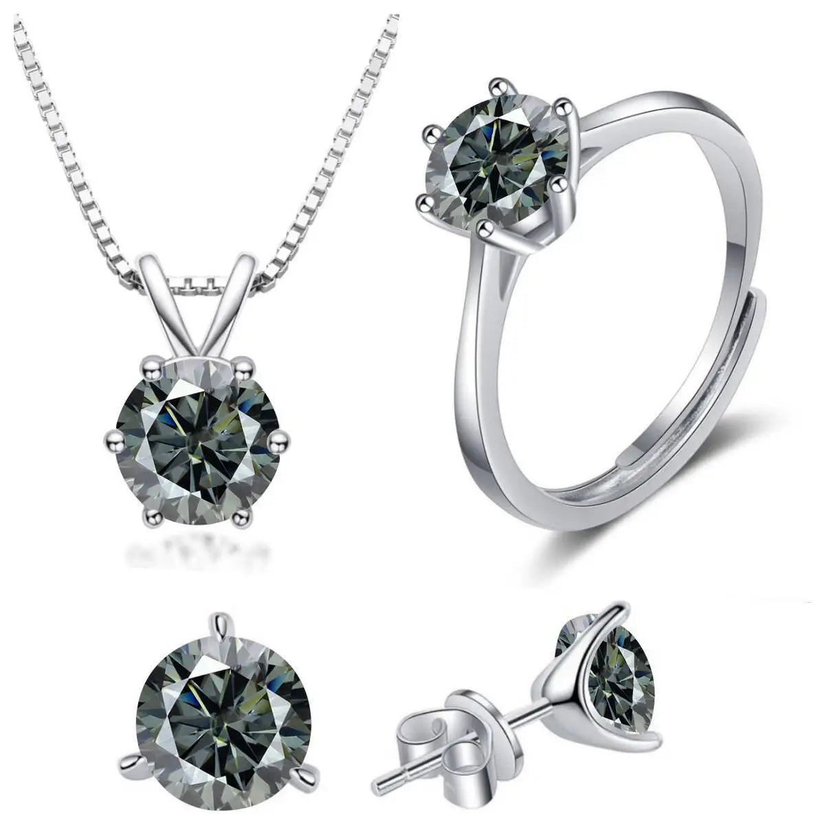 925 Sterling Silver 1ctx4 D Moissanite Necklace Earrings Set Bridal Jewelry gray resizable
