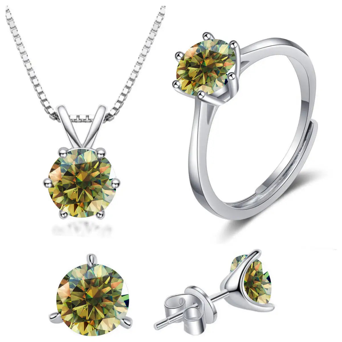 925 Sterling Silver 1ctx4 D Moissanite Necklace Earrings Set Bridal Jewelry yellow green resizable