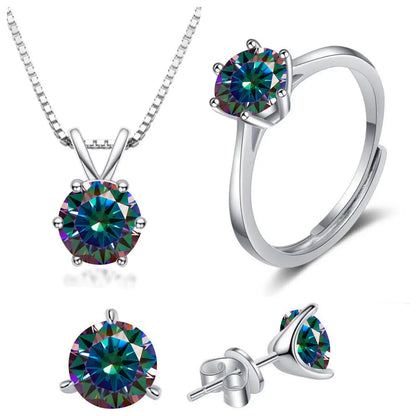 925 Sterling Silver 1ctx4 D Moissanite Necklace Earrings Set Bridal Jewelry rainbow resizable