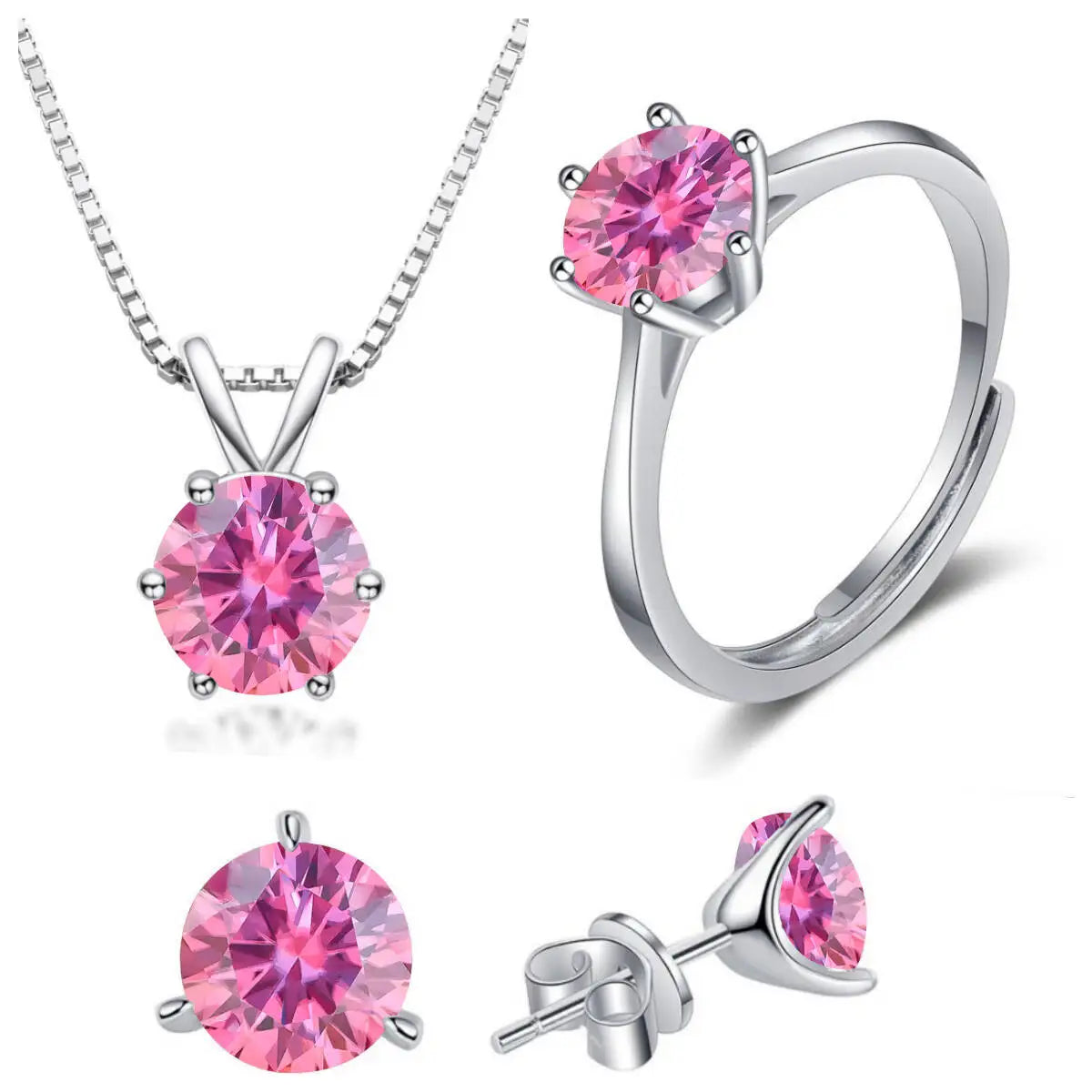 925 Sterling Silver 1ctx4 D Moissanite Necklace Earrings Set Bridal Jewelry pink resizable