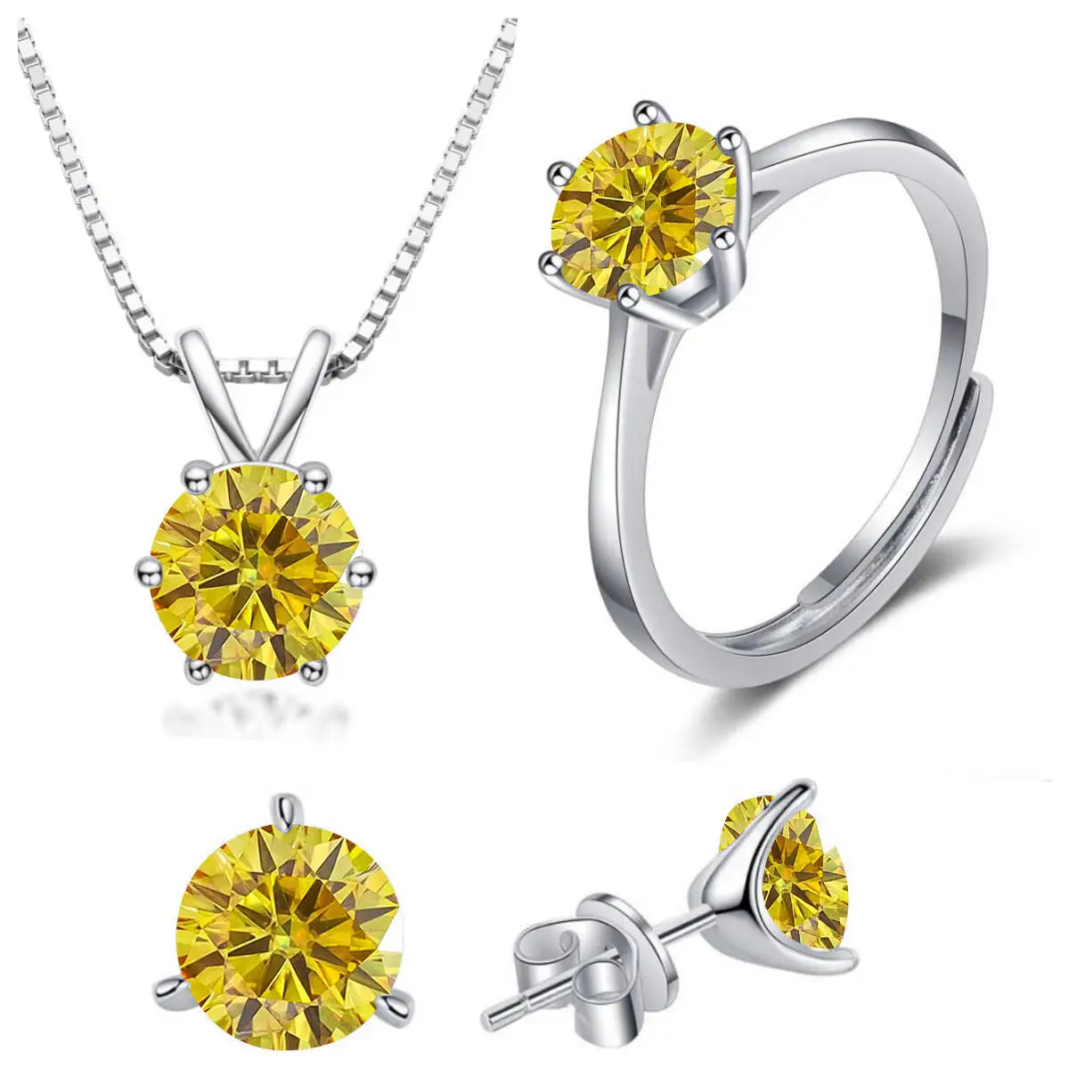 925 Sterling Silver 1ctx4 D Moissanite Necklace Earrings Set Bridal Jewelry gold yellow resizable