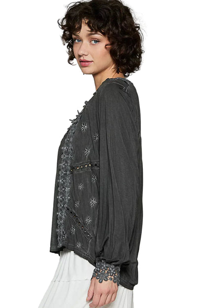 POL Floral Embroidery Woven Top with Lace Trim