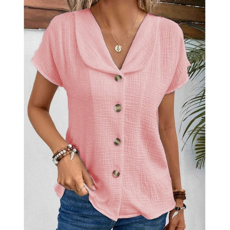 🌞 Women's Summer Solid Color Short-Sleeved Button Cardigan Top Peach