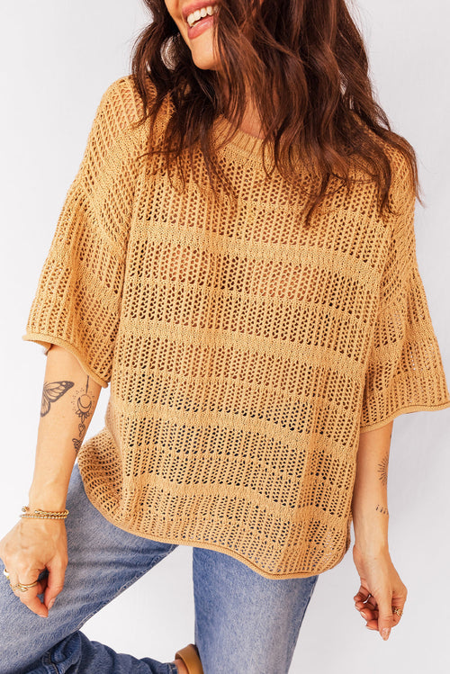 Hollow-Out Openwork Knit 3/4 Sleeve Sweater Mustard