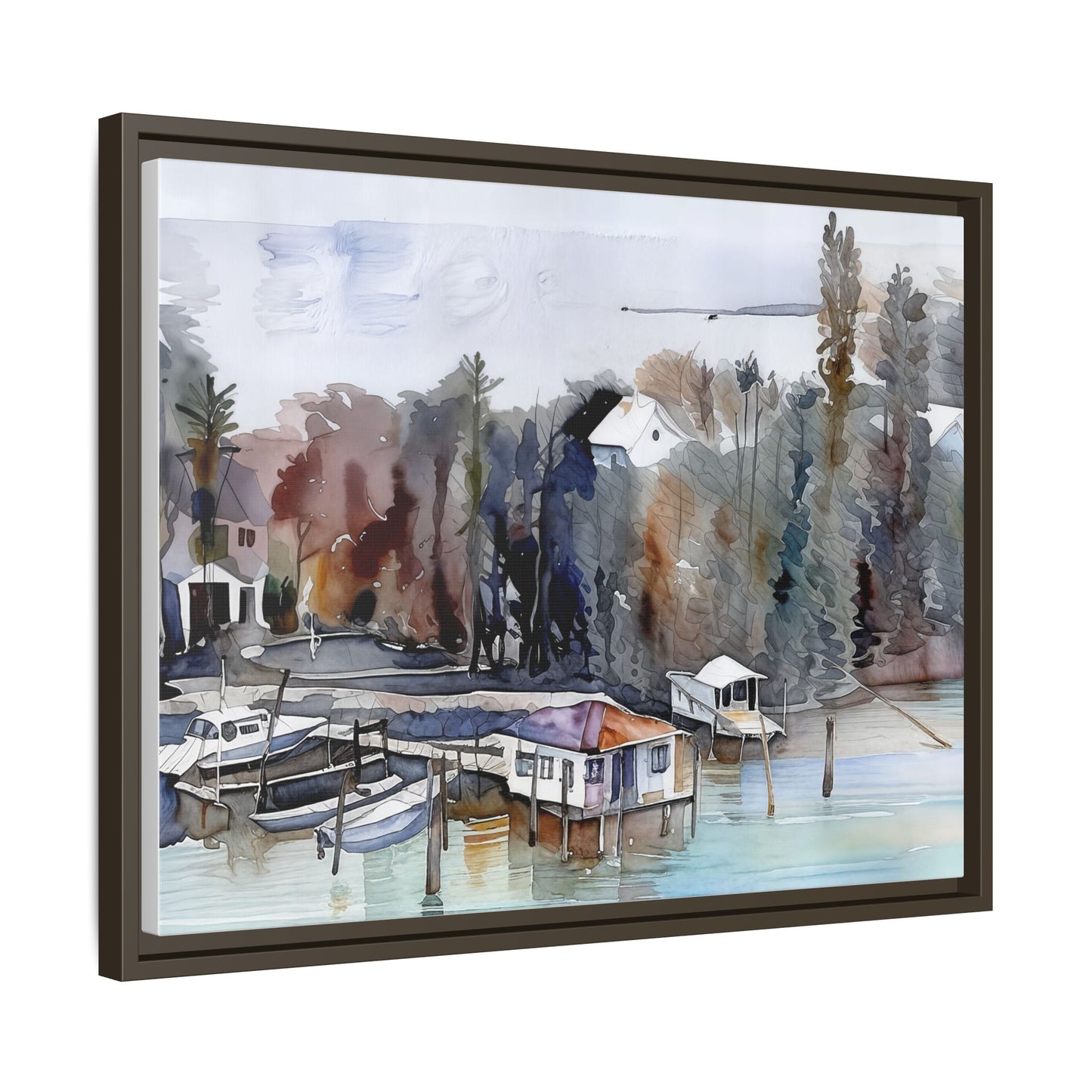 Framed Matte Canvas Art Print, Marina Landscape Wall Decor, Nautical Home Decor, Gift for Art Lovers, Coastal Aesthetic