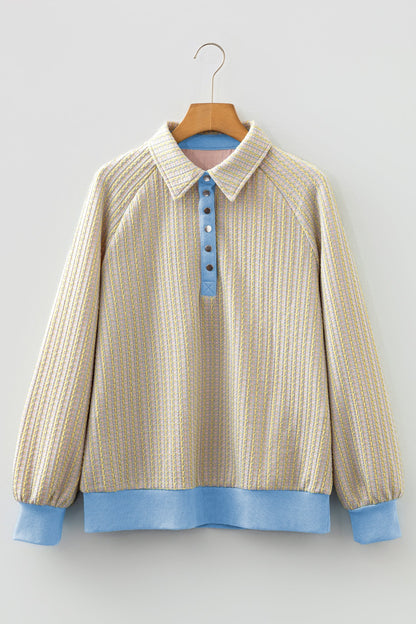 Beau Blue Button Front Jacquard Henley Sweatshirt