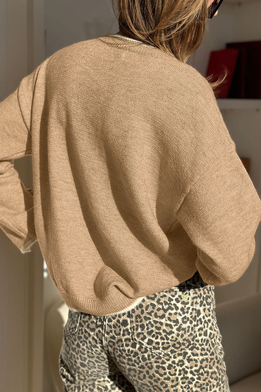 Racing Red Leopard Bow Decor Split Cuffs Contrast Trim Sweater