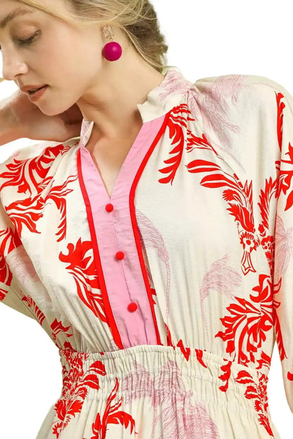 Umgee Tropical Print Button Detail Midi Dress