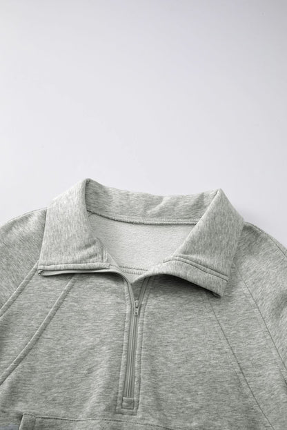 Green Zip Stand Collar Ribbed Thumbhole Sleeve Sweatshirt
