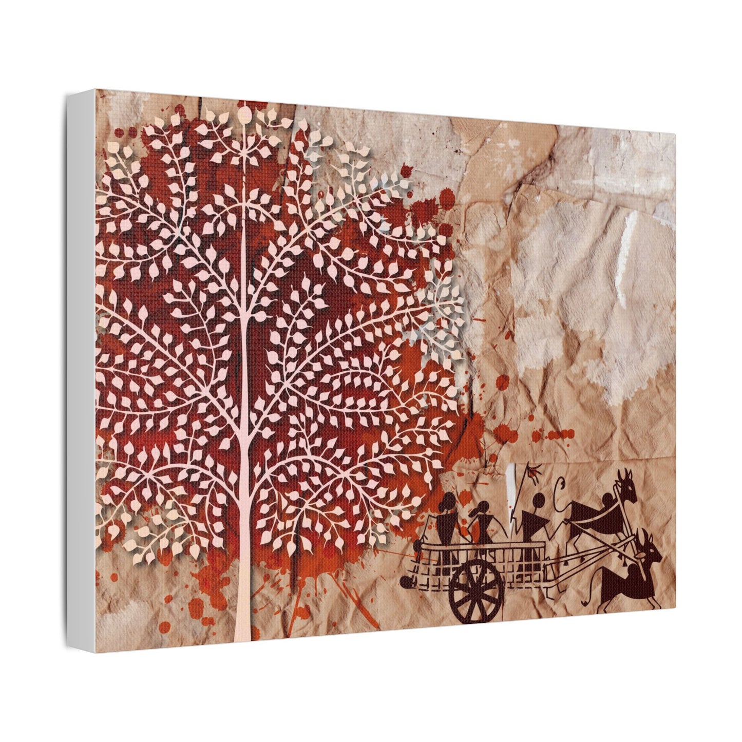 Artistic Stretched Tribal Canvas Wall Art, Rustic Home Decor, Nature-Inspired Art, Tree and Cart Design, Unique Gift for Art Lovers
