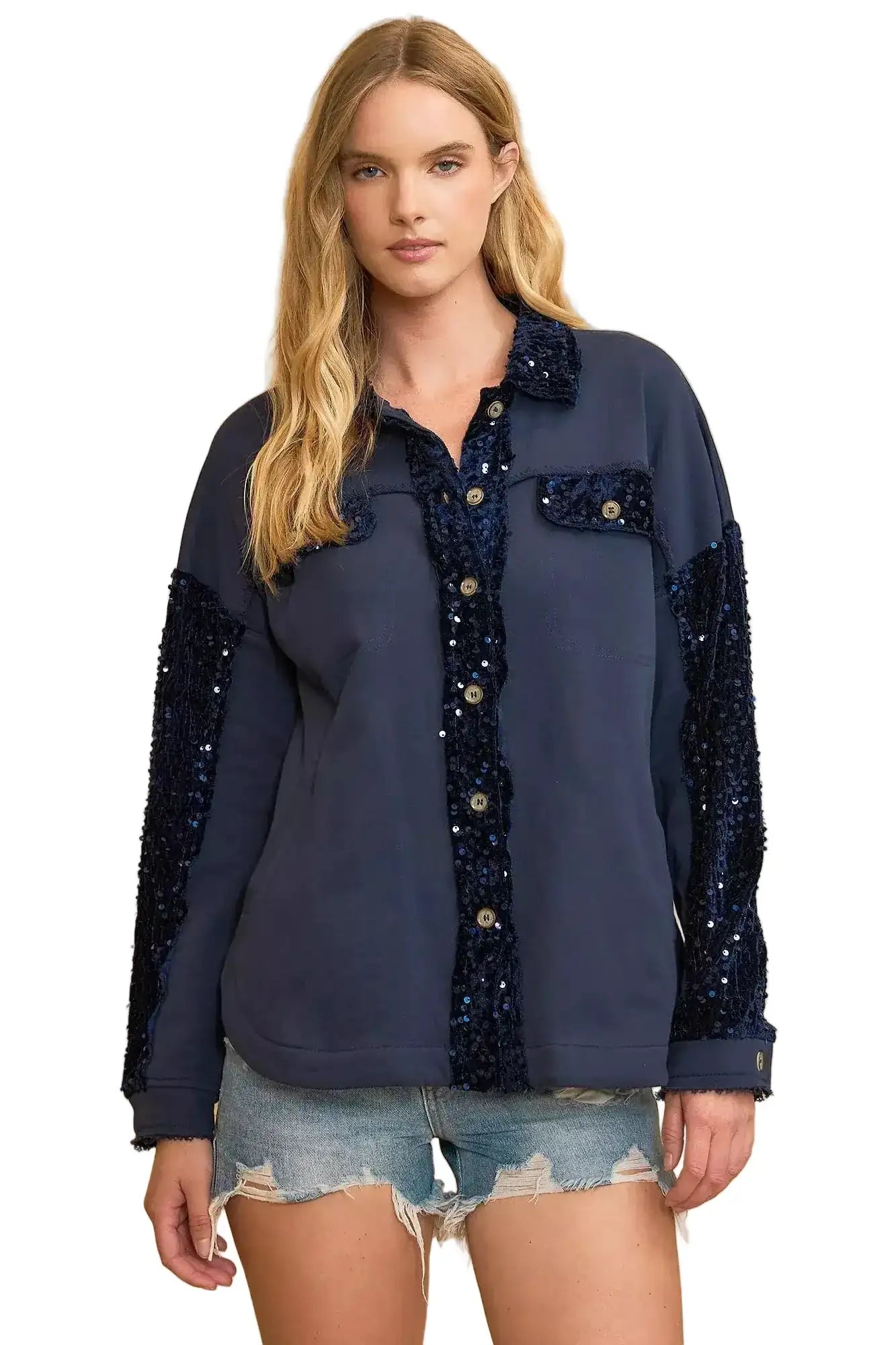 Umgee Sequined French Terry Jacket MIDNIGHT