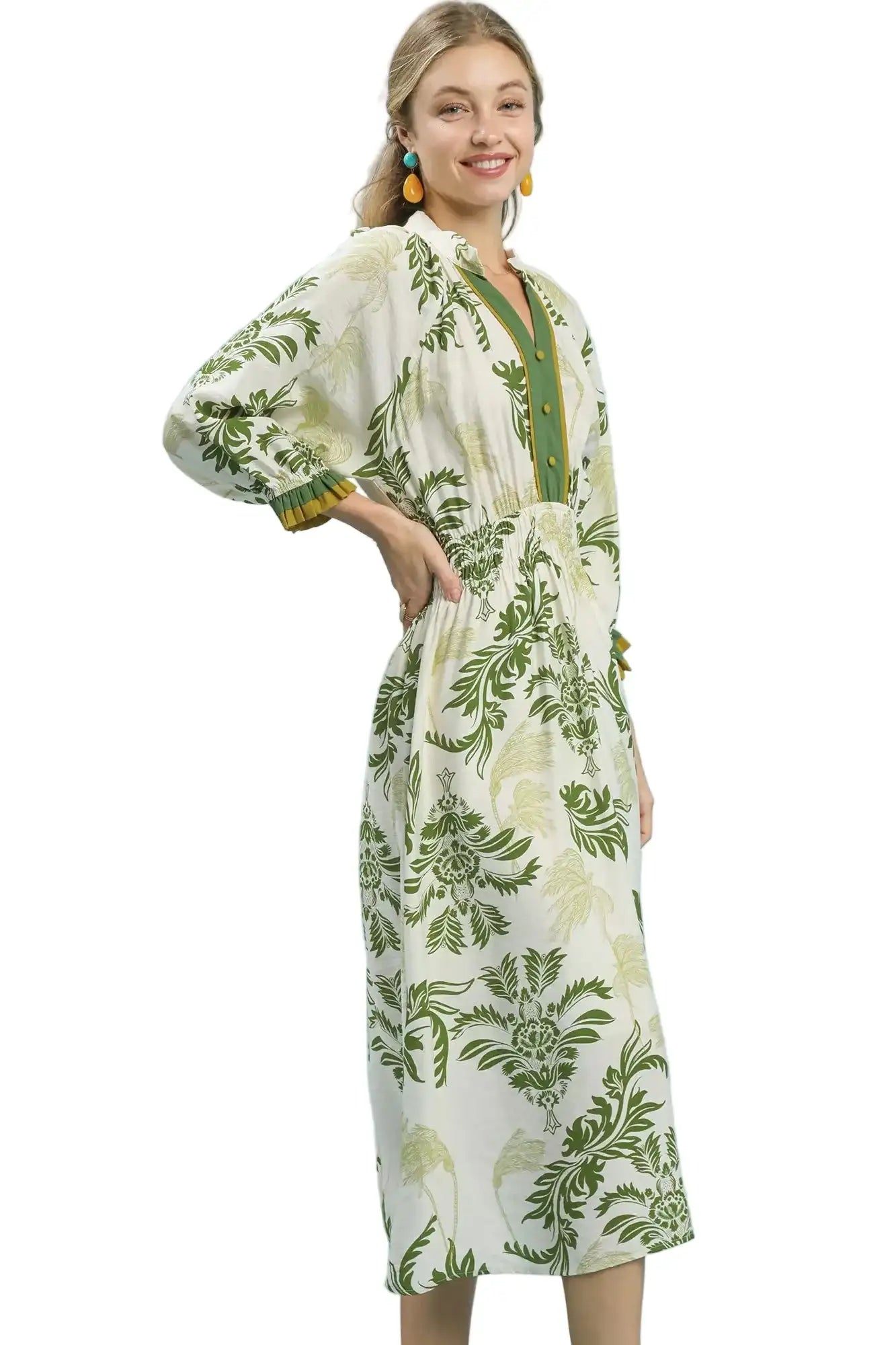 Umgee Tropical Print Button Detail Midi Dress