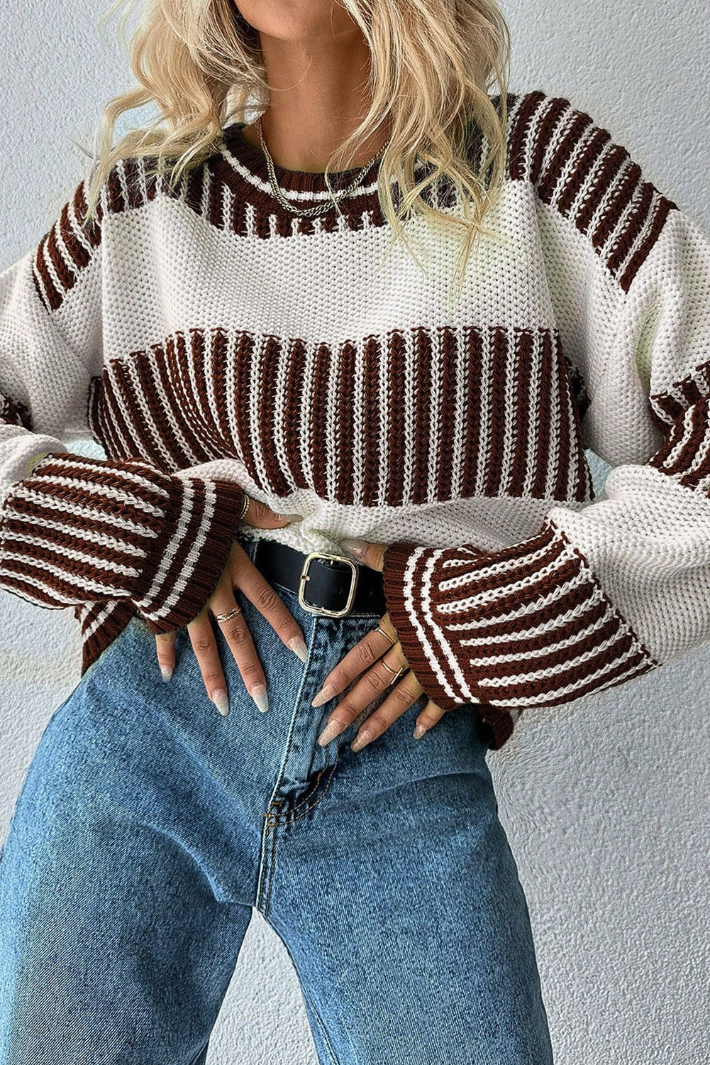 Brown Two Tone Striped Patchwork Drop Shoulder Sweater Brown 55%Acrylic+45%Cotton