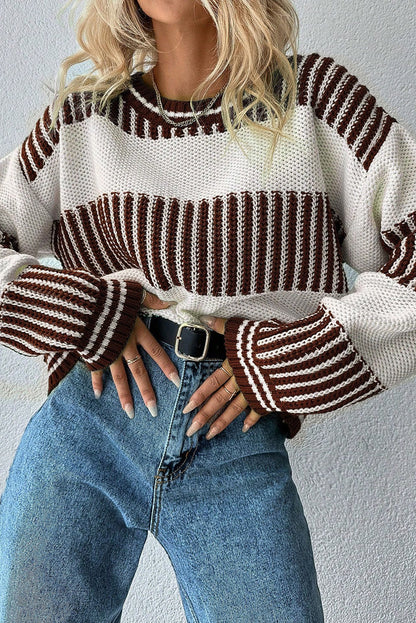 Brown Two Tone Striped Patchwork Drop Shoulder Sweater Brown 55%Acrylic+45%Cotton
