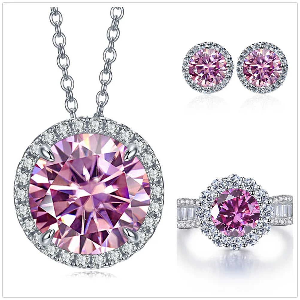 9ct Moissanite 925 Sterling Silver Ring Earrings Necklace Jewelry Set Gift pink silver