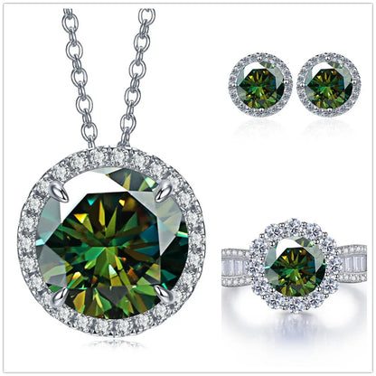 9ct Moissanite 925 Sterling Silver Ring Earrings Necklace Jewelry Set Gift dark green silver