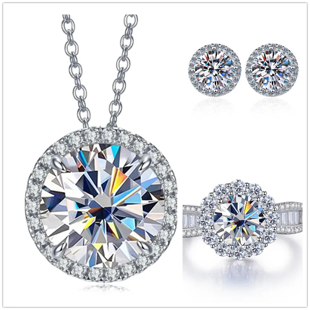9ct Moissanite 925 Sterling Silver Ring Earrings Necklace Jewelry Set Gift multicolor silver