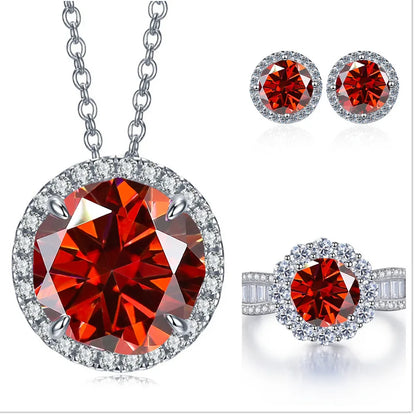 9ct Moissanite 925 Sterling Silver Ring Earrings Necklace Jewelry Set Gift red silver