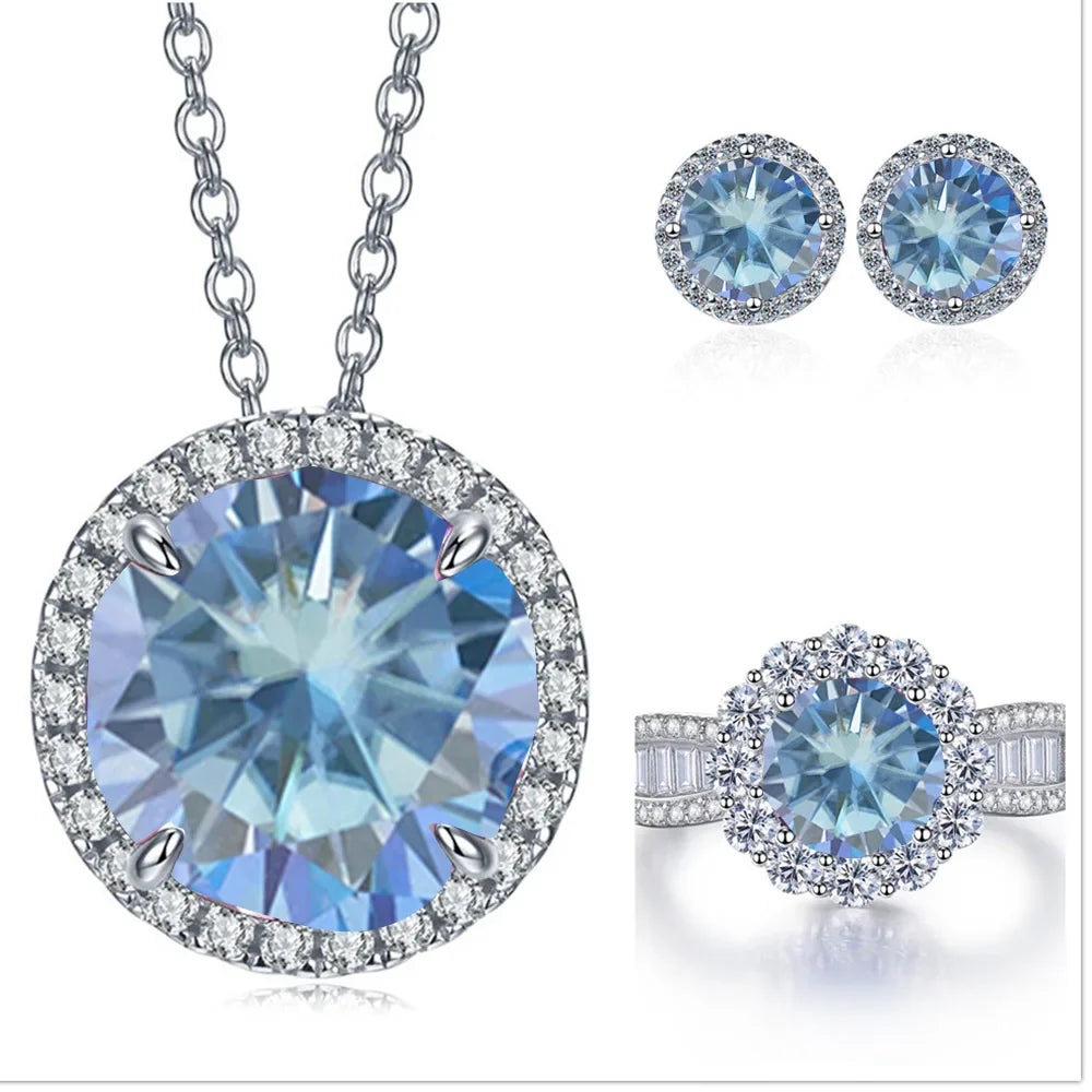9ct Moissanite 925 Sterling Silver Ring Earrings Necklace Jewelry Set Gift royal blue silver