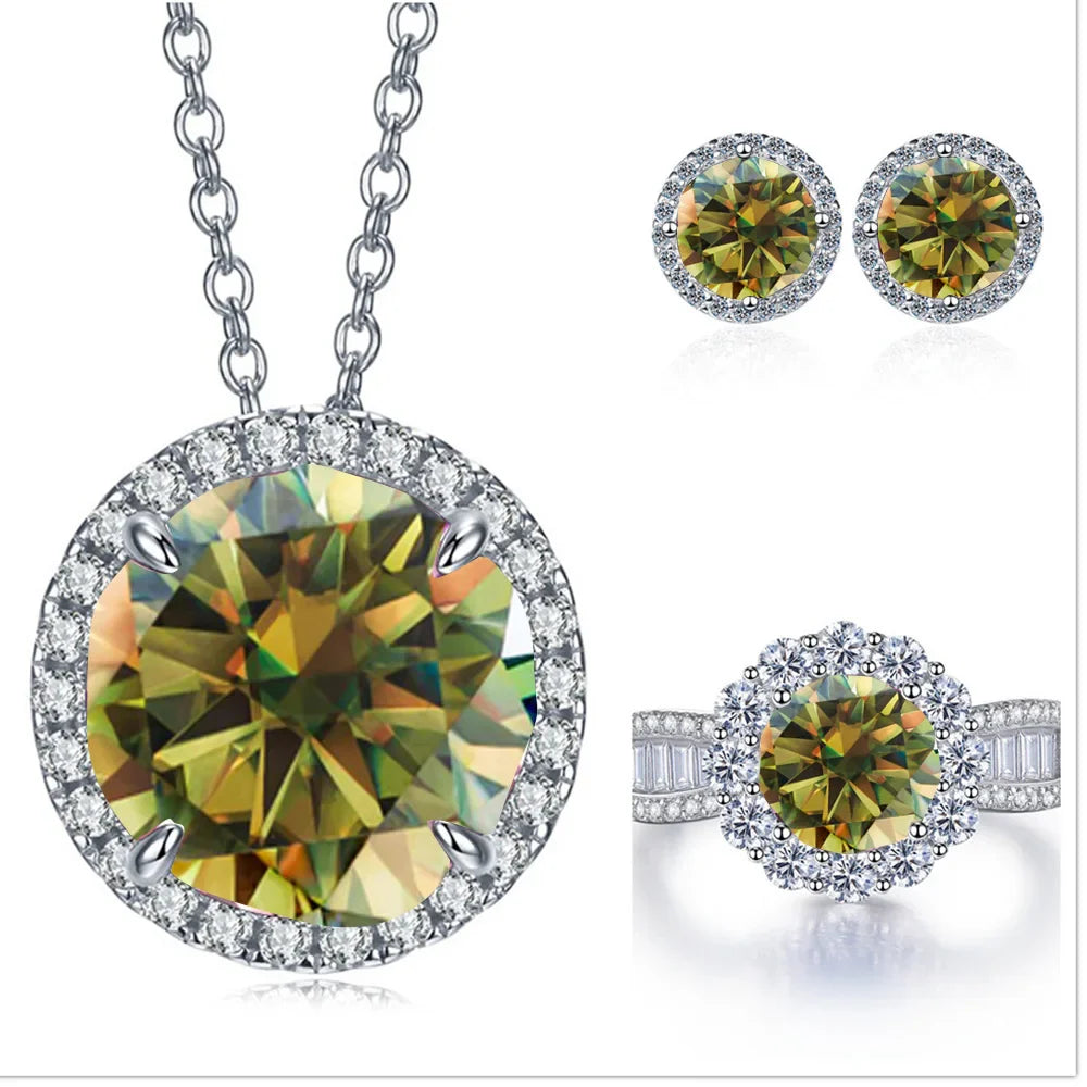 9ct Moissanite 925 Sterling Silver Ring Earrings Necklace Jewelry Set Gift yellow green silver