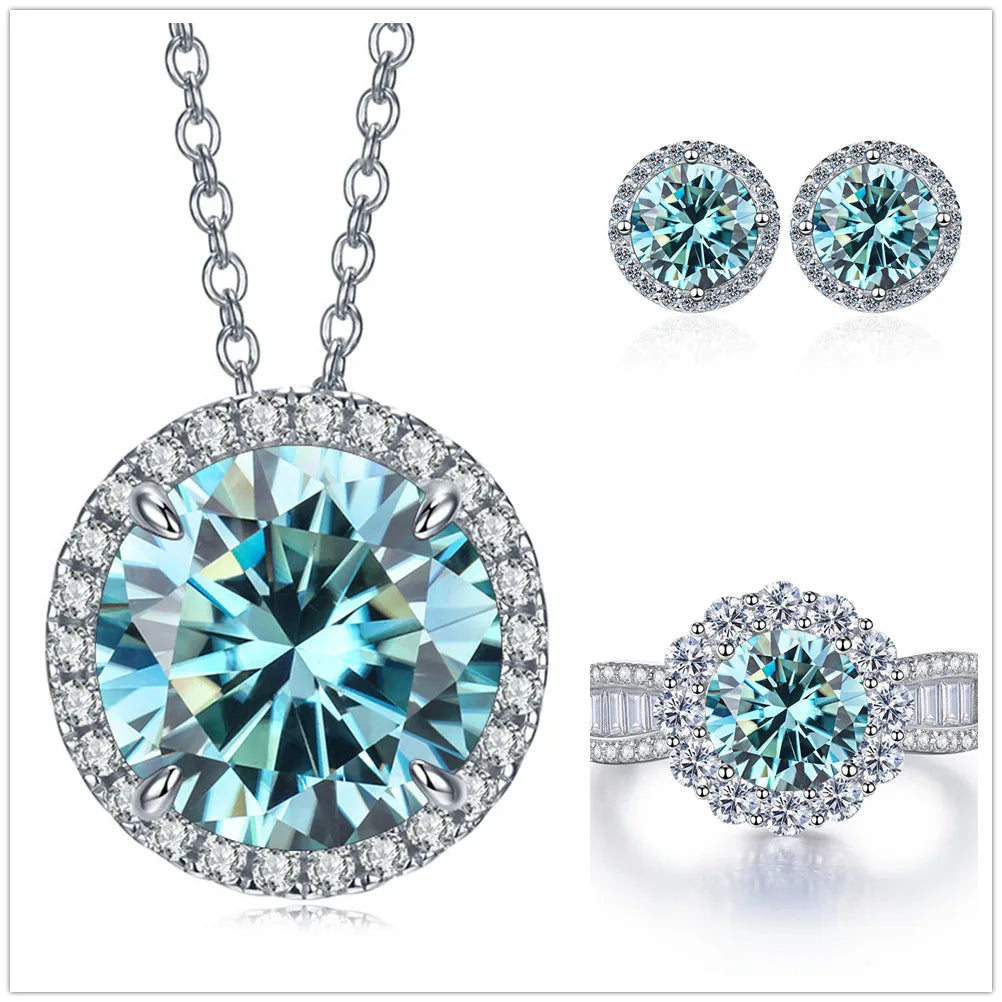 9ct Moissanite 925 Sterling Silver Ring Earrings Necklace Jewelry Set Gift natural blue silver