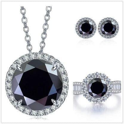 9ct Moissanite 925 Sterling Silver Ring Earrings Necklace Jewelry Set Gift black color silver