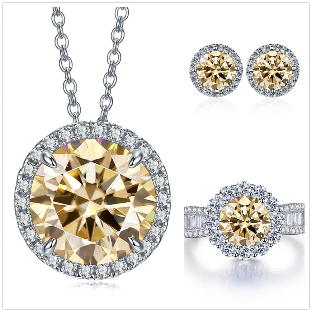 9ct Moissanite 925 Sterling Silver Ring Earrings Necklace Jewelry Set Gift light yellow silver