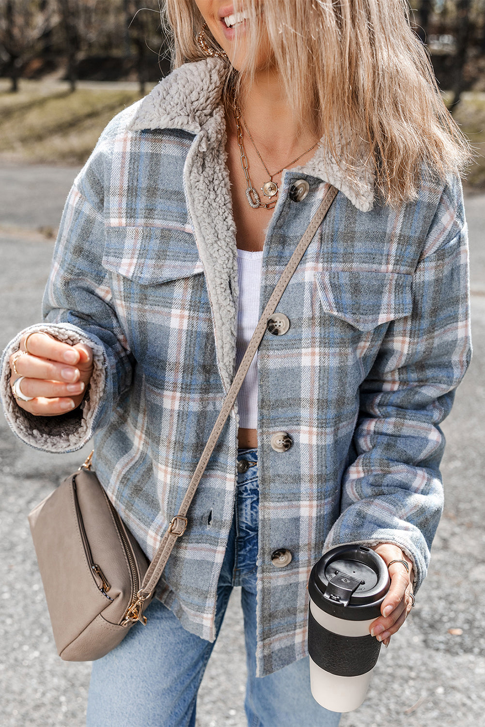 Madison Cuffs Patchwork Plaid Shirt Sky Blue Stripe
