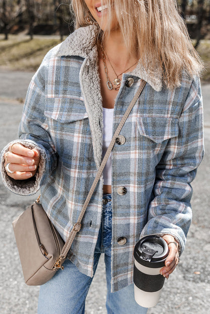 Madison Cuffs Patchwork Plaid Shirt Sky Blue Stripe