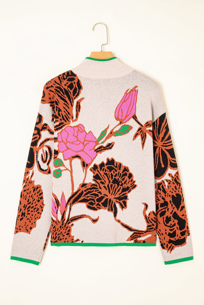 Khaki Contrast Trim Floral Pattern Quarter Zip Stand Neck Sweater