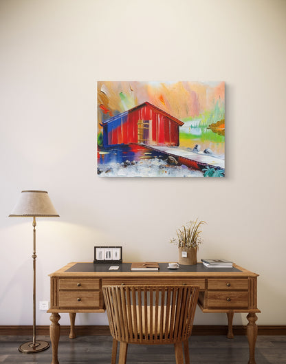 Vibrant Canvas Art Print, Colorful Wall Decor, Rustic Cabin Artwork, Home Decor, Gift for Art Lovers, Nature Scene