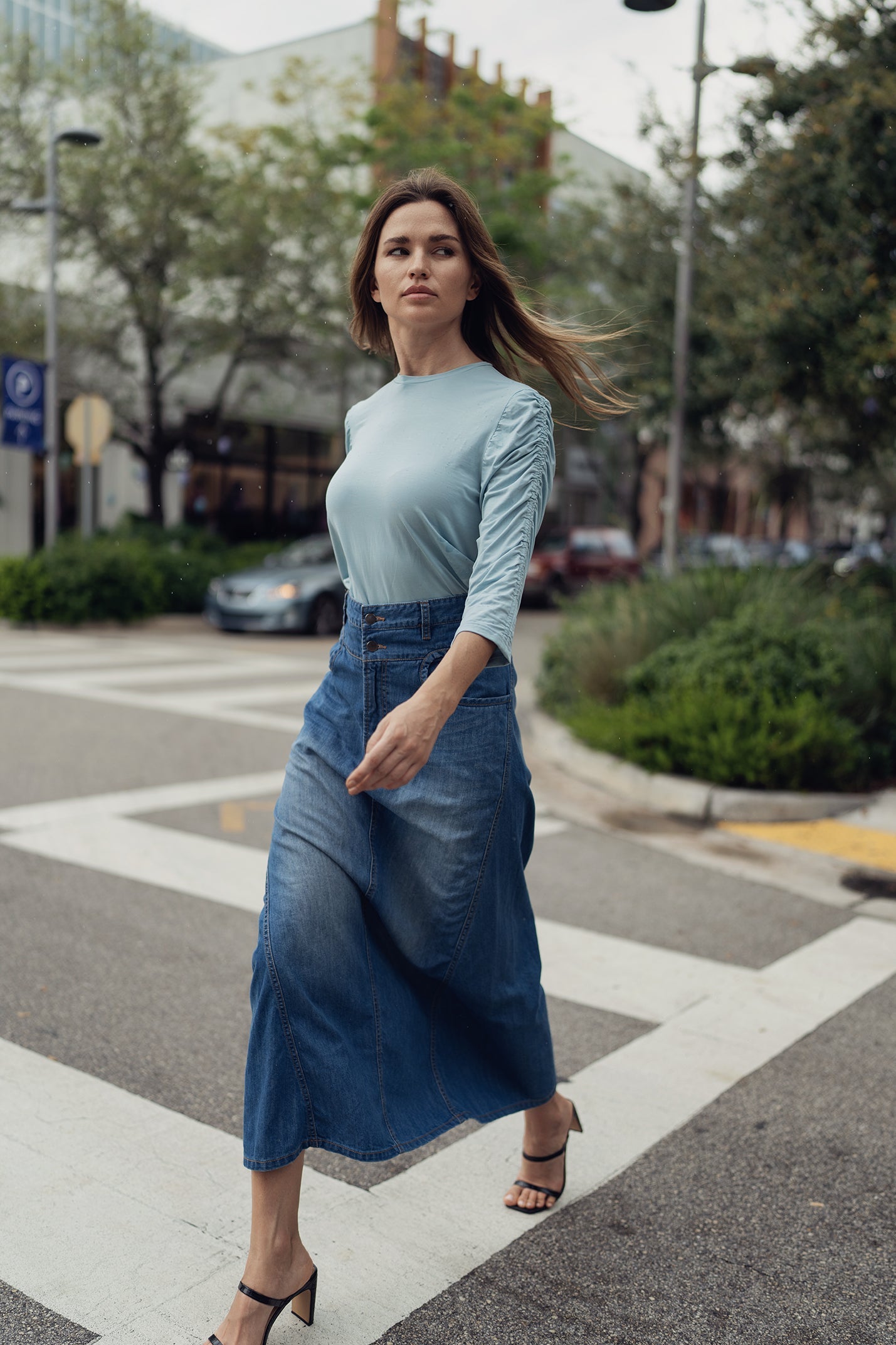 MODAL RUCHED T SHIRT BLUE