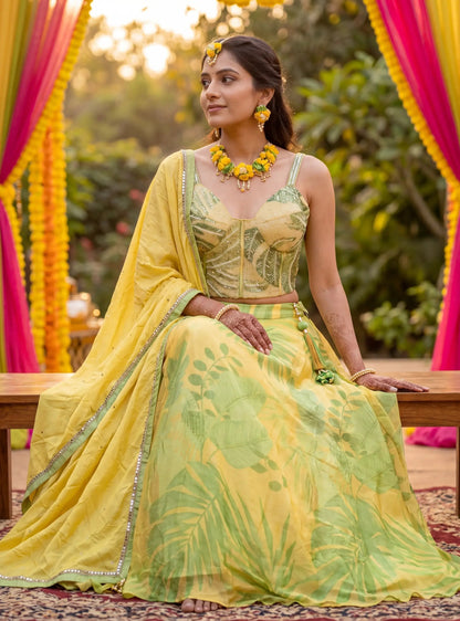 Tropical Yellow Corset Lehenga Set – A Blend of Elegance & Modern Glam