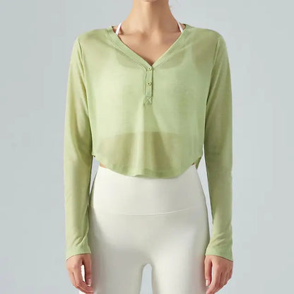 V-Neck Long Sleeve Yoga Top Sports Shirt Long Sleeve Green Medium